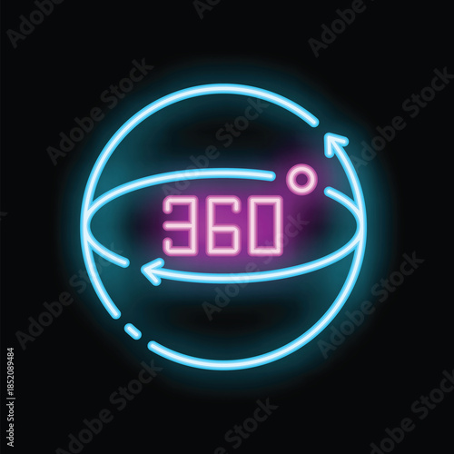 Neon sign illustrating the concept of a 360 degrees rotation with arrows going around a sphere
