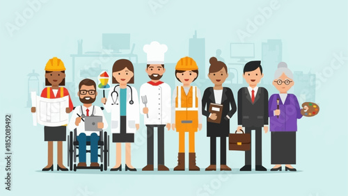 Diverse group of professionals from various occupations standing together.