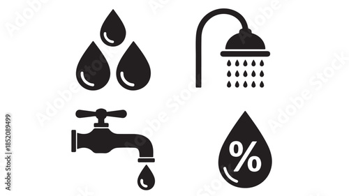 Water Conservation Icons in Simple Flat Design with Black Color on White Background for Infographics