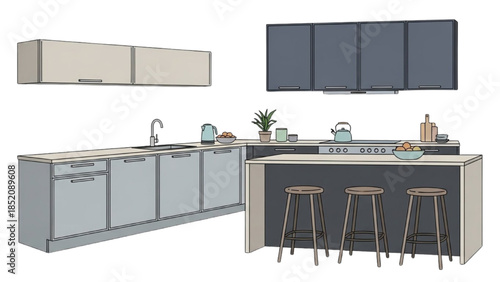 Modern kitchen interior illustration featuring sleek island and stools in a clean environment from a front viewpoint