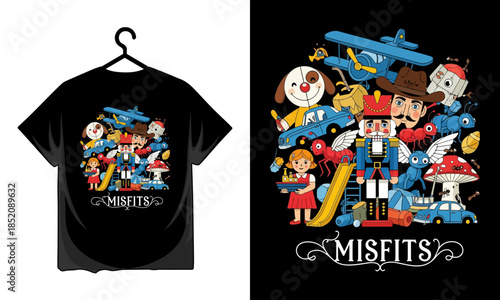 Misfits Band Cartoon Characters Collage T-Shirt Design Horror Punk Rock Graphic Tee Apparel