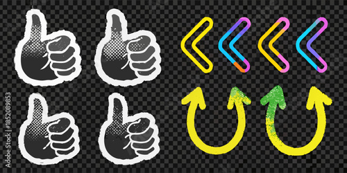 Isolated thumbs up and arrow icons with various colors on transparent background