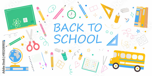 Back to school supplies and a yellow bus colorful learning illustration