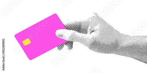 A hand reaching for a bright pink credit card digital finance concept
