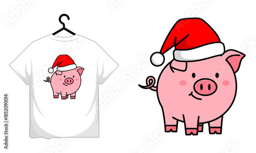 Festive Holiday Pig Wearing Santa Hat Cartoon Character Design on White T-Shirt