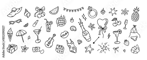 Bachelorette party set. Tropical drink, bikini for beach celebration, bridal vacation and summer nightlife, festival. Hand drawn diamond ring and disco ball, cowgirl and lucky cherry, dice vector set