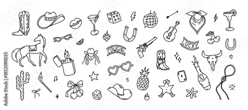 Cowgirl party set. Hat, boots, and horse for western rodeo festival, country bar music, retro fashion or tattoo. Hand drawn lasso and skull, revolver, lighter and a bull skull for logo and packaging