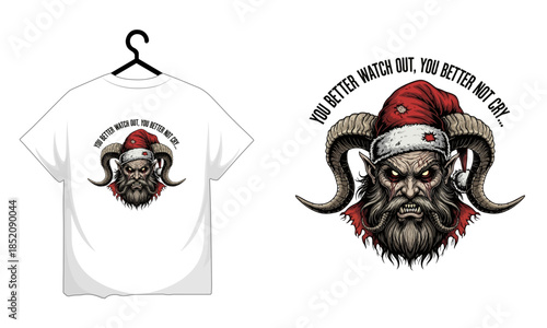 Christmas Krampus Nightmare Holiday Graphic T-Shirt Design with Santa Hat and Horns