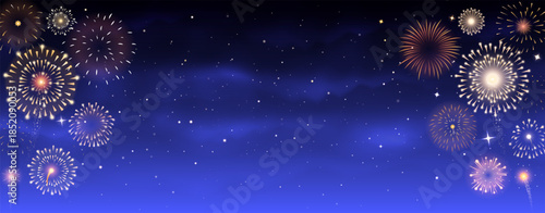 Firework background for New Year and Diwali with gold festive fire celebration. Realistic crackers and light effects for Birthday party, holiday vector banner. Christmas and Deepavali firework