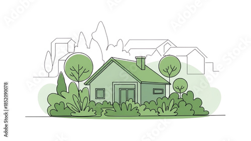 A serene house surrounded by lush greenery and trees in a peaceful suburban landscape