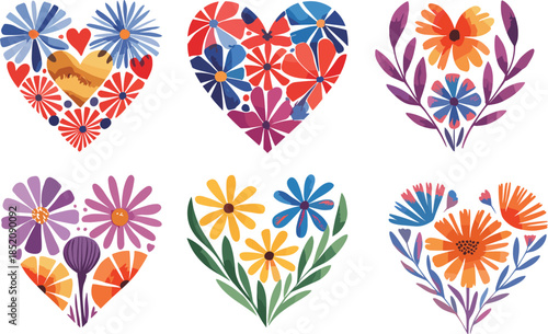 Floral heart vector set with sunset camel scene and colorful flowers for love, nature, romantic, decorative, and greeting design.