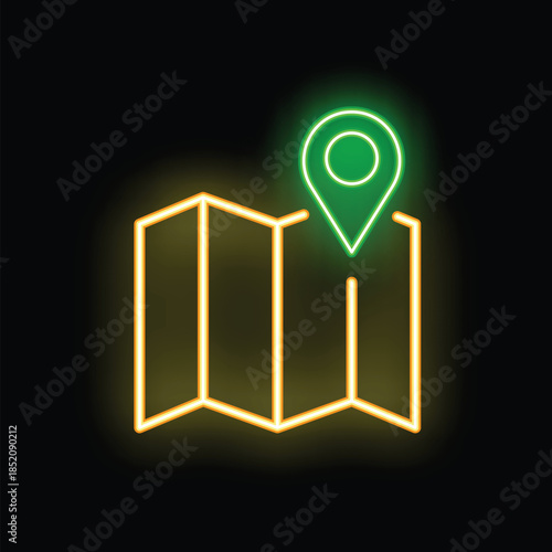 Green location pin is marking a specific spot on a folded paper city map with neon light effect