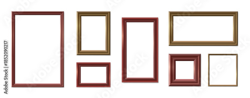 Wooden picture frame realistic mockup for photo, art or certificate, gallery backdrop. 3D vector frames for home interior, business presentation or advertising banner with border and layout