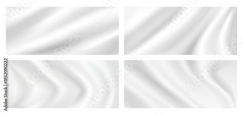 White silk fabric texture set with flowing waves and soft ripples for luxury background, curtain or fashion design. Vector illustration of delicate satin and linen with shiny drapery for decoration