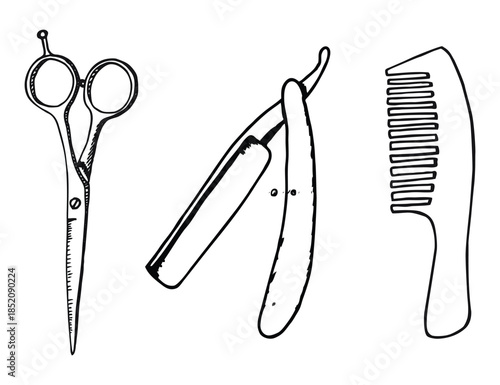 Vintage Hand-drawn Barber Shop Tools Illustration Set, Retro Sketch Style Grooming Accessories with Straight Razor, Scissors, and Barber Pole for Haircut Branding