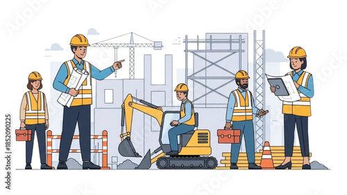 Construction workers operating heavy machinery on a building site with scaffolding and safety gear