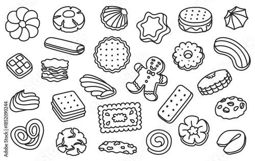 Biscuit doodle. Gingerbread man, macaron bakery sweets for dessert menu or cute packaging label. Pastry icons eclair and fortune cookie for branding and stickers. Vector hand drawn isolated set