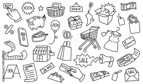 Shopping doodle. Wallet, card and gift box, cart and piggy bank for online ecommerce, marketing and Christmas sale or retail business. Hand drawn vector set for payment, delivery and customer service