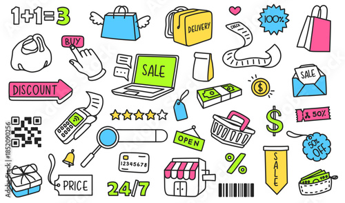 Shopping doodle icons. Ecommerce, online retail symbols. Bag, barcode and payment terminal for marketing and sale. Vector set for website banner, social media, discount tag, delivery and 24h service