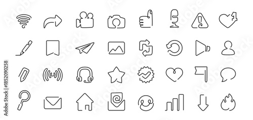 Social media ole line icons for app UI, web dashboard and mobile interface editable vector set. Continuous line simple pictograms, message, camera, play and share, wi-fi and search, email functions