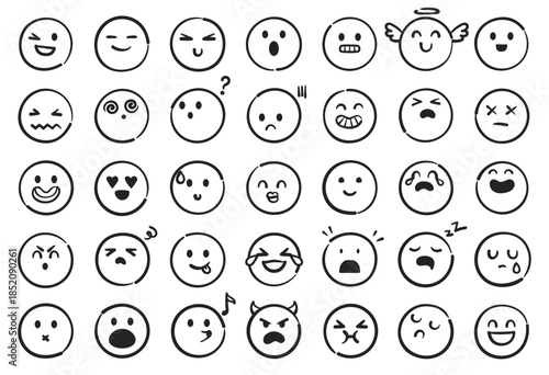 Cute doodle emoji face. Emoticon icons for chat reaction, social media and message in kawaii cartoon style. Hand drawn round faces for happy, sad and love mood in minimal outline. Vector isolated set