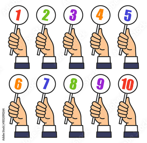 Hand holding card with number for judge feedback, team evaluation or corporate competition results. Valuation score vector set for job ratings, and education concept cartoon design