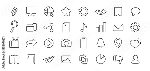Media interface one line icons. Navigation, toolbar and settings, email and camera, heart and location, music continuous line symbols for web app and mobile UI or UX editable vector isolated set