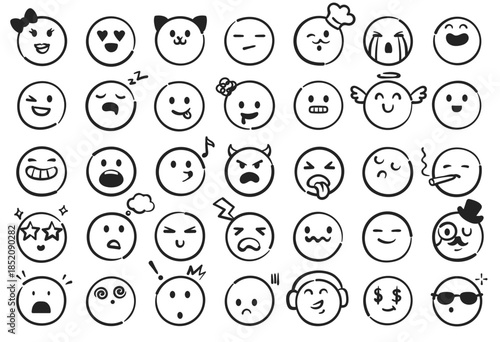 Emoticon doodle. Happy, sad and love faces for chat reactions, social media and fun sticker or web app. Cute vector character emotions with surprise, cry and anger, laugh mood in kawaii style