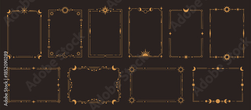 Celestial golden frame with sun, moon and stars for mythical poster, vintage wedding invitation in luxury cosmic astrology style. Vector border for tarot card, spiritual brand with magic boho symbols