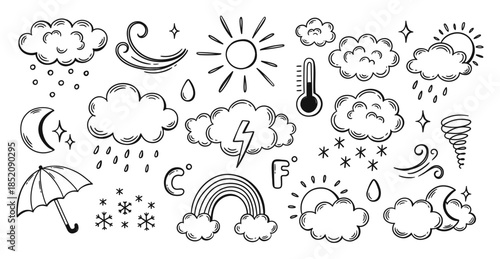 Weather forecast doodle icons. Hand drawn sun, cloud and moon for sky conditions, climate and nature infographic design. Temperature, rain and snow, wind and thunderstorm. Vector isolated set
