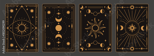 Tarot card golden frame with mystic symbols and celestial border for magic deck, divination and vintage occult or spiritual pack. Luxury vector template with line geometry for witchy, astrology label