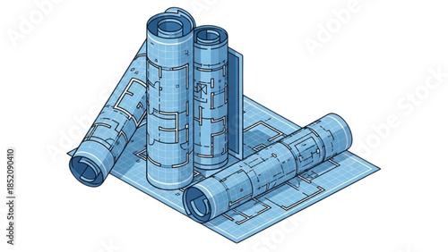 Blueprints and architectural plans rolled up and laid out on a flat surface