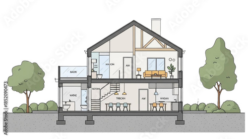 Detailed architectural illustration of a modern two-story house with transparent walls showing interior design and surroundings with trees