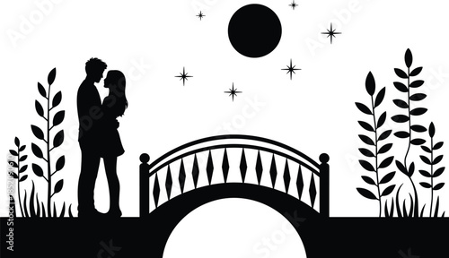 Romantic silhouette vector of couple on bridge under moonlight with stars, plants, and tranquil night scene for love-themed design.