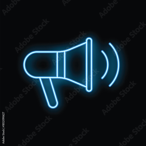Bright blue neon sign depicting a megaphone emitting sound waves, isolated on a black background