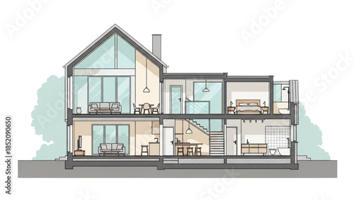 Modern House Cross Section Illustration Showing Interior and Exterior Details
