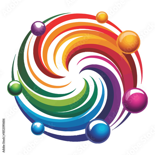 Abstract Rainbow Gradient Swirl With Glossy Spheres Vector Illustration Artistic Design Concept With Colorful Elements For Creative Projects And Designs