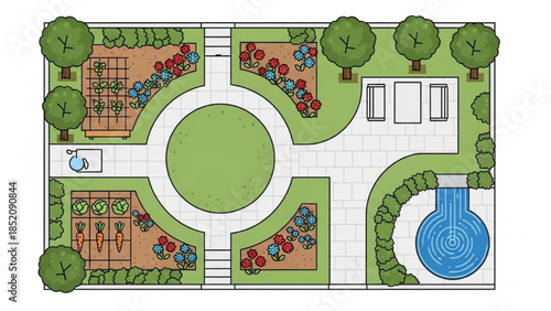 Aerial view of a serene park landscape with garden, fountain, and pathways