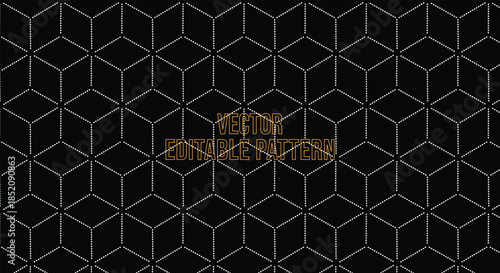 Isometric Cube Pattern. Dark Geometric Grid. A seamless vector texture of 3d blocks, grey hexagons and linear shapes for architectural wallpaper, technical background, and fabric print.