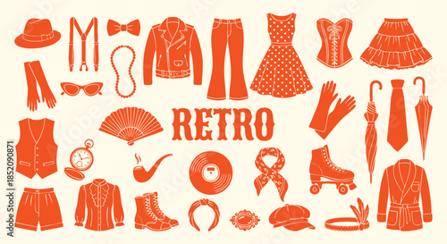 Retro Fashion Collection. Vintage Clothing. A flat vector set of orange 70s apparel, accessories, vinyl record and old school items for hipster style, nostalgia project, and costume design.