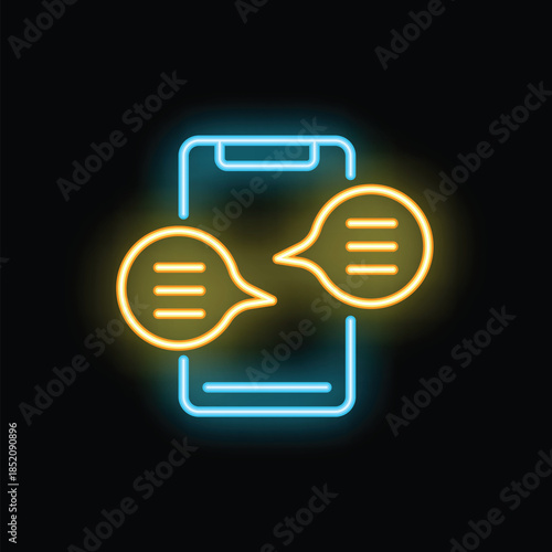 Neon glowing icon of a smartphone with two speech bubbles exchanging messages