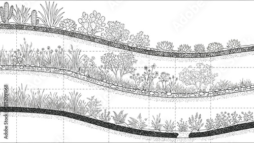 Black and white cross section diagram illustrating plant zonation on a sloped landscape using contour lines