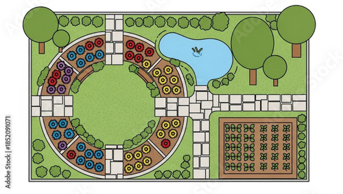 Aerial view of a vibrant garden landscape design featuring a pond and various flora