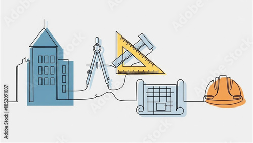 Construction site illustration featuring building, hard hat, and surveying equipment