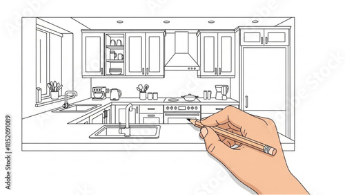 A hand holding a pencil sketches a modern kitchen interior design with sleek appliances and minimalist cabinetry from a front viewpoint