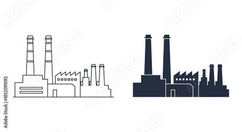 Industrial factory complexes depicted in outline and solid dark silhouette