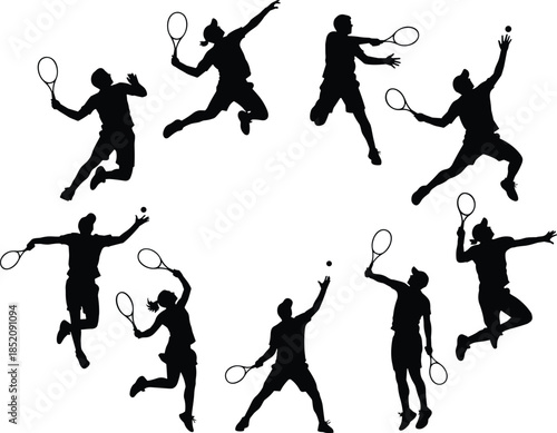Black, tennis, player, silhouettes, action, poses, set, sports, athlete, competition, racket, match, active, workout, professional, court, training, isolated, male, female.
