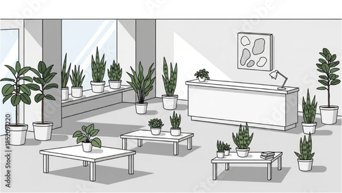 Modern office reception area with plants and minimalist furniture from a straightforward viewpoint