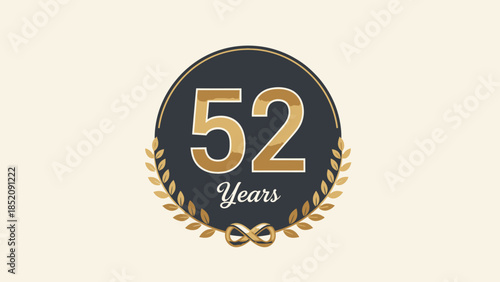 Prestigious 52 Years Anniversary Badge Design with Gold Laurel Wreath on a Light Beige Background