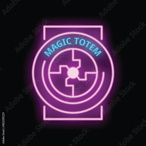 Magic totem neon sign with purple glowing light effect on a brick wall background